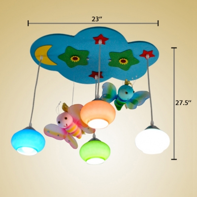 4 Lights Bee Pendant Lighting Nursing Room Hanging Ceiling Lamp with Colorful Glass Shade