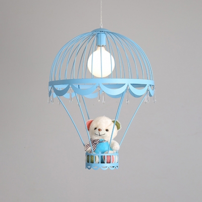 Lovely Hot Air Balloon Pendant Light with Bear Baby Kids Room Metal 1 Light Hanging Ceiling Light in Blue/Pink