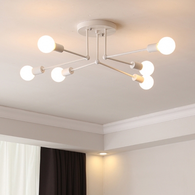 6/8 Heads Open Bulb Semi Flush Mount with White Linear Armed Minimalist Metal Ceiling Fixture