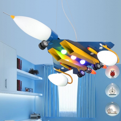 Airplane 3 Lights Lighting Fixture Blue Metallic Decorative Chandelier Light for Boys Room