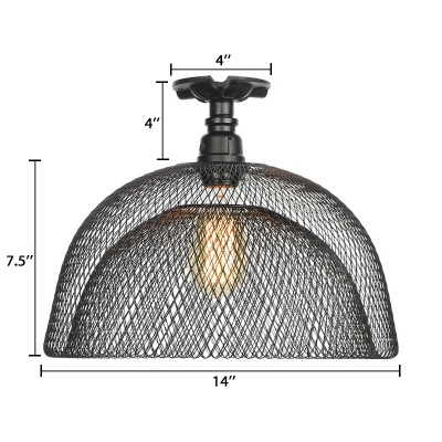 Black Mesh Cage Ceiling Flush Mount Vintage Metallic Single Head Semi Flush Mount for Coffee Shop