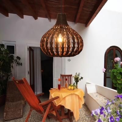 Brown Gourd Hanging Lamp Natural Modern Rattan 1 Bulb Indoor Lighting Fixture for Sitting Room