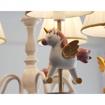 Gathered Fabric Shade Hanging Light with Unicorn White 5 Lights Chandelier Lamp for Kindergarten