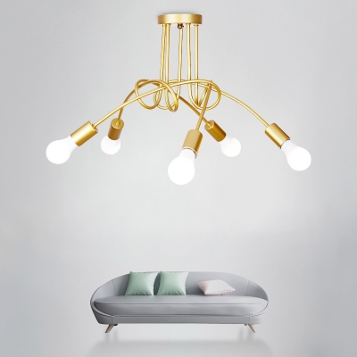 Gold Bare Bulb Suspension with Twisted Arm Vintage Retro Style Metal 5 Lights Light Fixture