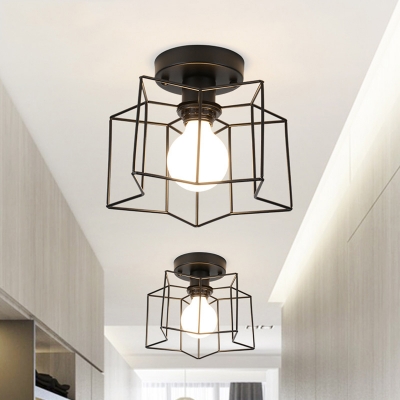 Metal Cage Semi Flush Light Fixture with Star Modern Fashion Single Light Surface Mount Ceiling Light in Black
