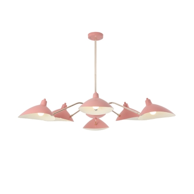 Multi Light 6 Arm Chandelier Lamp with Metal Shade Macaron Modern Hanging Light Fixture in Pink