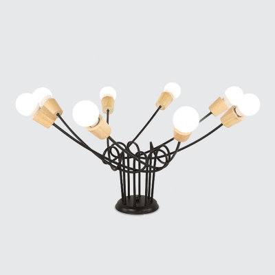 Open Bulb Suspension Light with Black Twisted Arm Nordic Style Wooden Multi Light Lamp Light