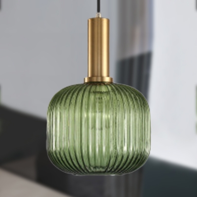Ribbed Glass Geometric Hanging Light Simplicity Single Light Ceiling Pendant Light in Brass Finish