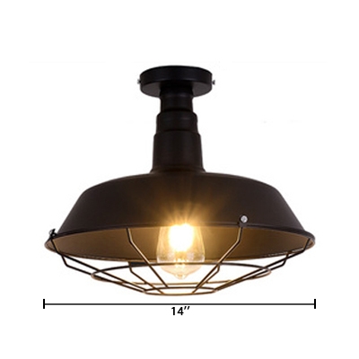1 Head Wire Guard Semi Flush Mount with Barn Metal Shade Industrial Ceiling Lamp in Black