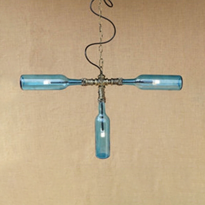 3 Heads T Shape Suspension Light with Bottle Industrial Amber/Blue/Clear/Smoke Glass Hanging Light