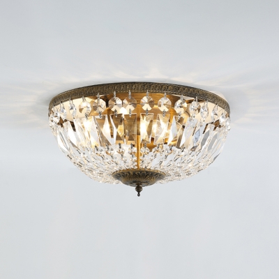 4/6 Lights Bowl Shade Ceiling Light Retro Style Vintage Crystal Flush Mount Lighting in Antique Brass