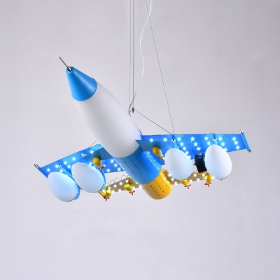 5 Lights Airplane Suspended Light with Frosted Glass Shade Game Room Hanging Lamp in Sky Blue