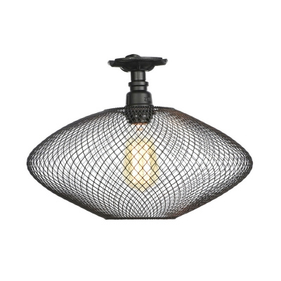 Black Mesh Cage Ceiling Flush Mount Vintage Metallic Single Head Semi Flush Mount for Coffee Shop