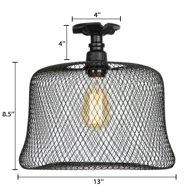 Black Mesh Cage Ceiling Flush Mount Vintage Metallic Single Head Semi Flush Mount for Coffee Shop