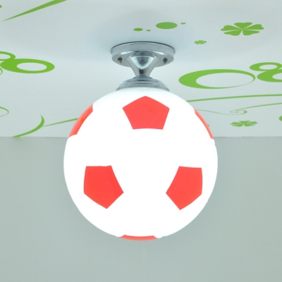 Blue/Red Football Semi Flush Mount Glass Single Light Ceiling Lamp for Boys Bedroom