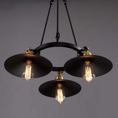 Circle Ring Chandelier Lamp with Flared Shade Retro Style Iron Triple Lights Drop Light in Brass