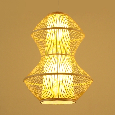 Cone Suspension with Geometric Rattan Shade Modernism Single Head Indoor Lighting Fixture in Wood