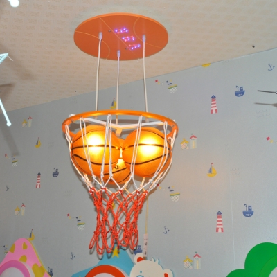 Glass Basketball Hanging Light Boys Room Height Adjustable 3 Heads Pendant Light in Blue/Orange