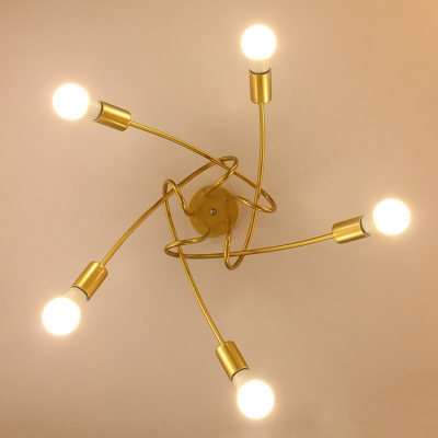 Gold Bare Bulb Suspension with Twisted Arm Vintage Retro Style Metal 5 Lights Light Fixture