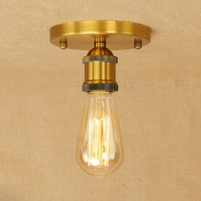 Mini Semi Flush Mount with Open Bulb Traditional Industrial Metal 1 Light Surface Mount Ceiling Light in Brass