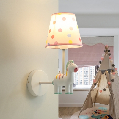Pink/White Cartoon Horse Wall Sconce with Dottie Fabric Shade Single Light Wall Lighting for Children
