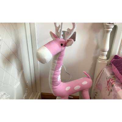 Single Light Bell Floor Light with Pink Deer Cartoon Style Girls Bedroom Fabric Shade Standing Light