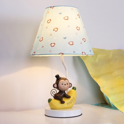 Tapered 1 Head Standing Table Light with Monkey Blue Fabric Shade Table Lamp for Kindergarten