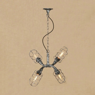 Wire Guard Hanging Light Industrial Metallic 4 Heads Chandelier Lamp in Antique Bronze/Antique Silver