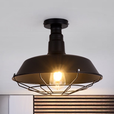 1 Head Wire Guard Semi Flush Mount with Barn Metal Shade Industrial Ceiling Lamp in Black