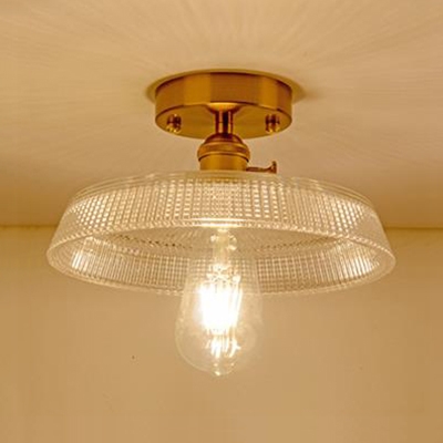 1 Light Shallow Round Semi Flushmount Retro Style Textured Glass Indoor Lighting in Satin Brass for Sitting Room