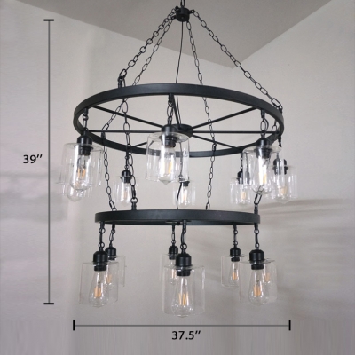 2 Tiers Wheel Chandelier Lamp with Cylinder Glass Shade Retro Style Multi Light Lamp Light in Black