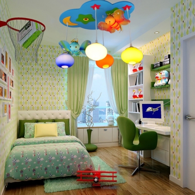 4 Lights Bee Pendant Lighting Nursing Room Hanging Ceiling Lamp with Colorful Glass Shade