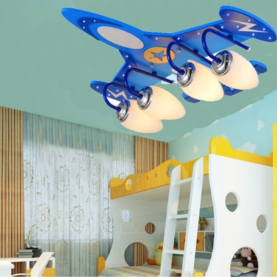 Blue Aircraft Semi Flush Mount Light Glass Shade 4 Heads Lighting Fixture for Nursing Room