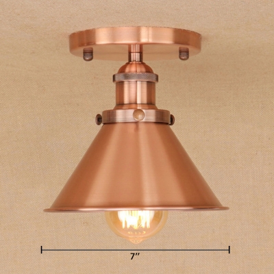 Brushed Brass/Copper Cone Ceiling Fixture Loft Style Metal 1 Light Mini Semi Flush Light Fixture
