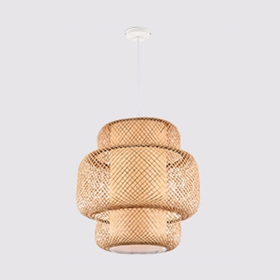 Chinese Style Rattan Suspension Light Weave 1 Light Art Deco Hanging Ceiling Lamp in Wood