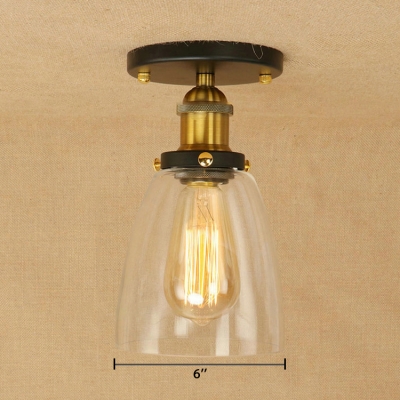 Curved Glass Shade Ceiling Lamp Retro Style Single Head Ceiling Flush Mount in Brass Finish for Porch