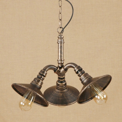 Flared Shade Chandelier Light Vintage Metal 3 Lights Hanging Lamp in Antique Bronze for Corridor