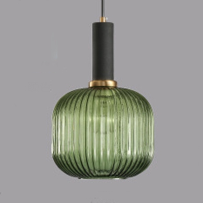 Single Head Flask Shape Pendant Lamp with Jade Green Ribbed Glass Modern Lighting Fixture