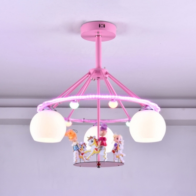 Sphere 3 Lights Semi Flush Mount with Cartoon Horse Nursing Room White Glass Shade Lighting Fixture