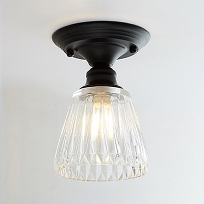 Textured Glass Tapered Semi Flush Light Vintage Industrial Single Light Mini Ceiling Fixture in Black