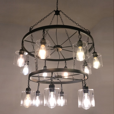 2 Tiers Wheel Chandelier Lamp with Cylinder Glass Shade Retro Style Multi Light Lamp Light in Black