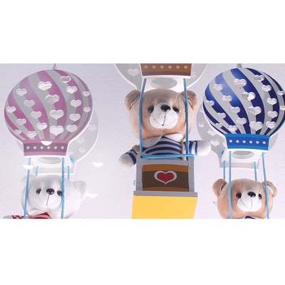 3 Lights Bear Drop Light with Hot Air Balloon Kindergarten Wooden Pendant Lamp in Multi Color