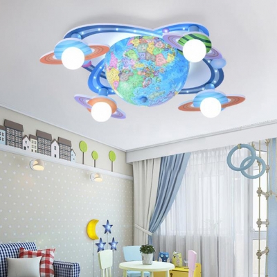 4 Heads Tellurion LED Flush Light Baby Kids Room Wooden Ceiling Fixture in Blue