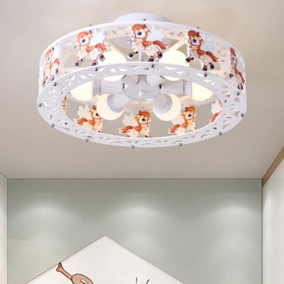 6 Lights Drum Ceiling Light with Cartoon Horse Nursing Room Metal Semi Flush Mount in White