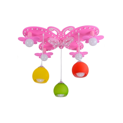 7 Lights Pink Butterfly Flush Mount Girls Bedroom Glass Shade Decorative Hanging Light