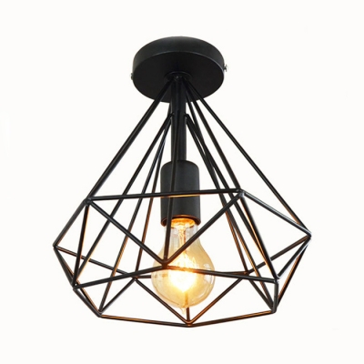 Black/White Diamond Shape Ceiling Lamp with Metal Cage Industrial 1 Head Ceiling Flush Mount