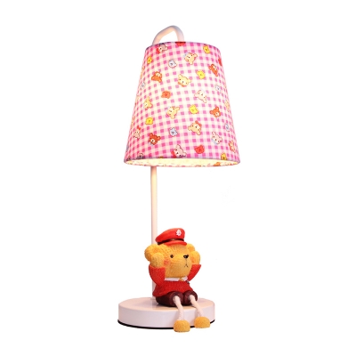 Cartoon Pink Trellis Shade Table Lamp with Cute Bear Fabric Single Light Table Light for Girls Room