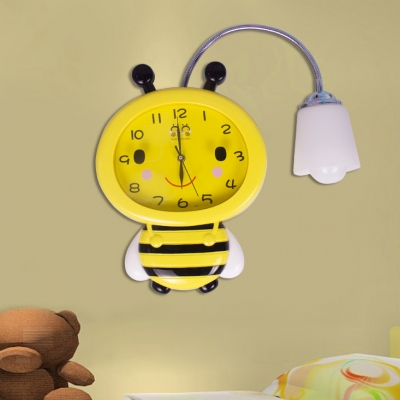 Cute Bee 1 Head Wall Sconce with Clock Yellow Acrylic Wall Light Sconce for Baby Kids Room