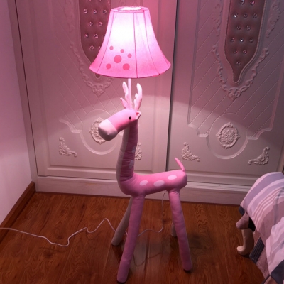 Single Light Bell Floor Light with Pink Deer Cartoon Style Girls Bedroom Fabric Shade Standing Light