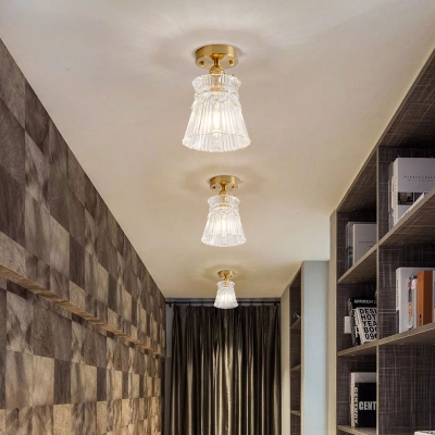 Soft Gold Finish Bell Indoor Lighting with Clear Textured Glass Single Light Mini Semi Flush Light for Staircase
